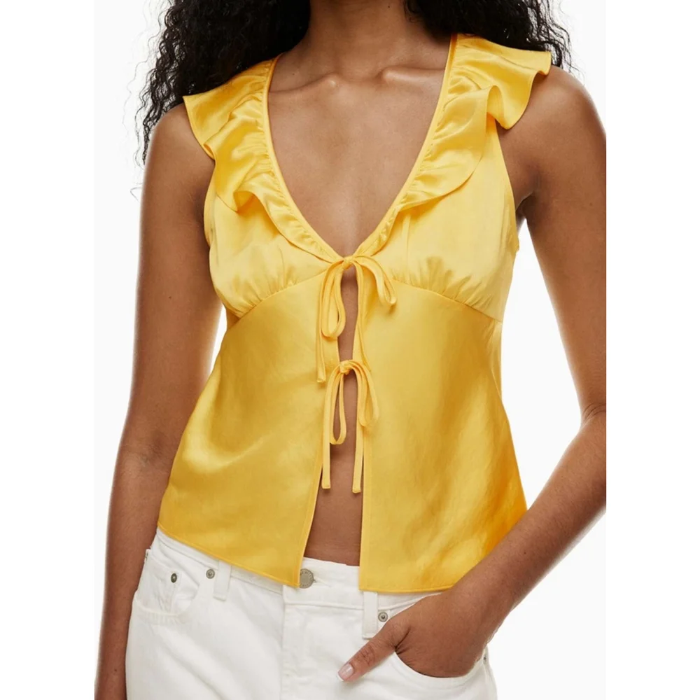 Aritzia Wilfred Tonka Satin Blouse Women's Size Large Sunflower Yellow - Picture 5 of 9
